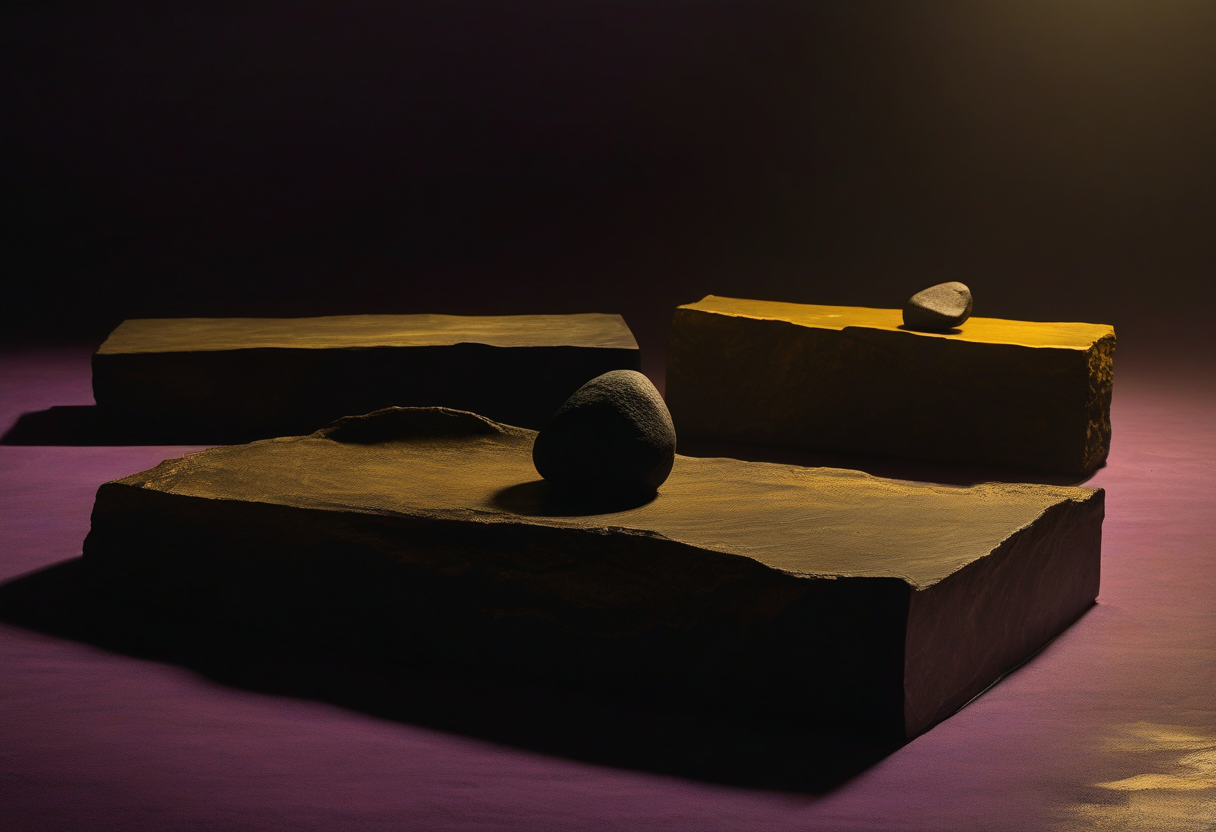 Dark stone slabs face each other across a narrow warm seam of light.